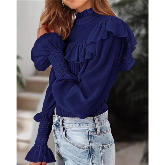 Blue Ribbed Knit Chiffon Ruffle Mesh Sheer Long Puff Sleeve‎ Sweater Top Blouse - Picture 7 of 7